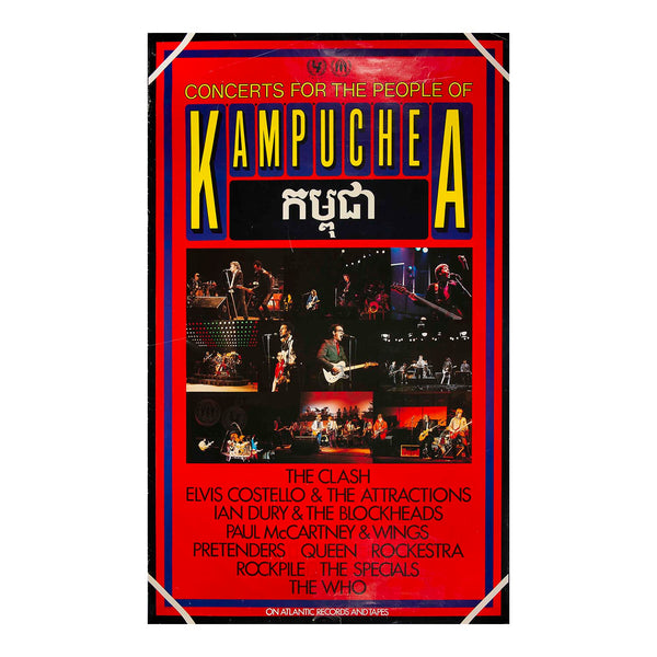 A concert poster for 'Concerts for the People of Kampuchea' featuring a bold red background, large yellow and white title text, and multiple concert photos of rock bands performing. Visible text includes The Clash, Elvis Costello & The Attractions, Ian Dury & The Blockheads, Paul McCartney & Wings, Pretenders, Queen, Rockpile, The Specials, and The Who.