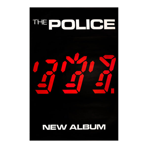 An original, official, hoardings sized promotional poster, Ghost in the Machine, the fourth studio album by the English rock band the Police, released on 2 October 1981 by A&M Records. The poster design (based on the album cover) features three red digital display figures on a black background to represent the three band members: Andy Summers, Sting, and Stewart Copeland