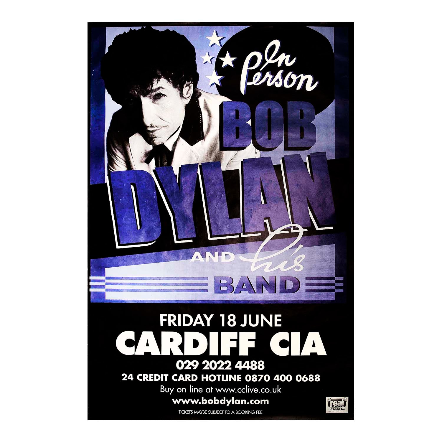 An original, official, hoardings sized promotional gig poster, Bob Dylan In Person, Cardiff International Arena, 18 June 2004. The 2004 tour was part of Dylan’s ongoing "Never Ending Tour," which began in 1988.