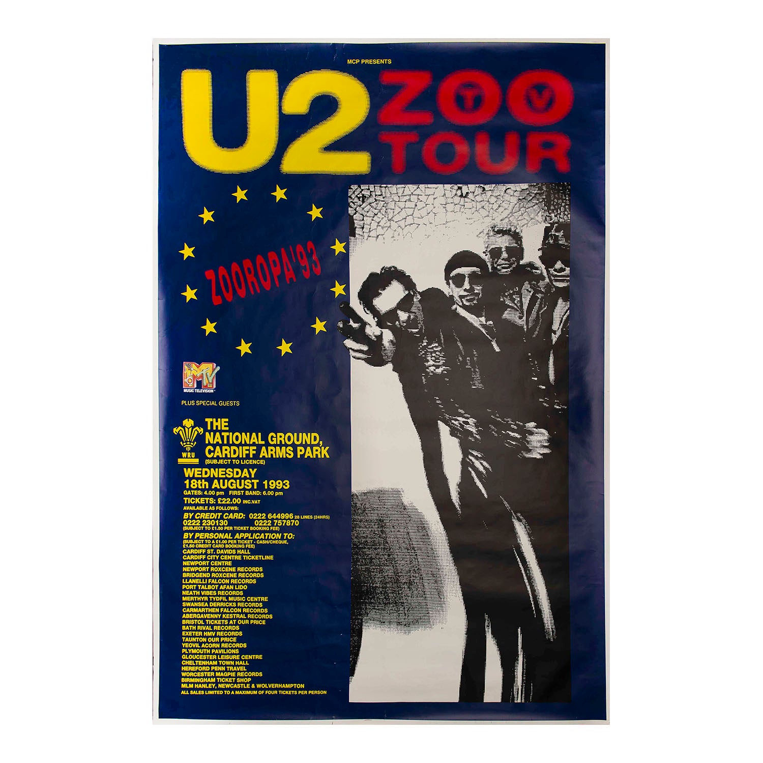 Original, hoardings sized, promotional concert poster for U2's iconic Zoo TV / Zooropa '93 Tour. The poster advertises their massive outdoor stadium show at the National Ground, Cardiff Arms Park in Wales, which took place on Wednesday, 18th August 1993