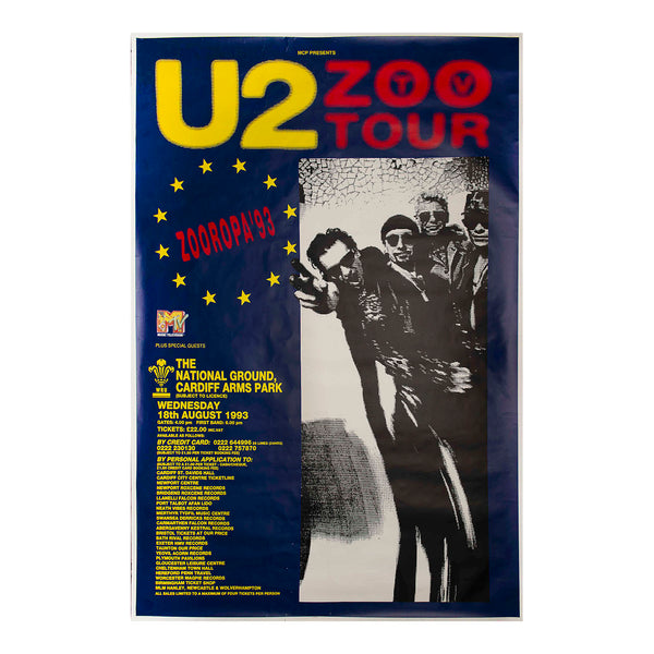 Original, hoardings sized, promotional concert poster for U2's iconic Zoo TV / Zooropa '93 Tour. The poster advertises their massive outdoor stadium show at the National Ground, Cardiff Arms Park in Wales, which took place on Wednesday, 18th August 1993