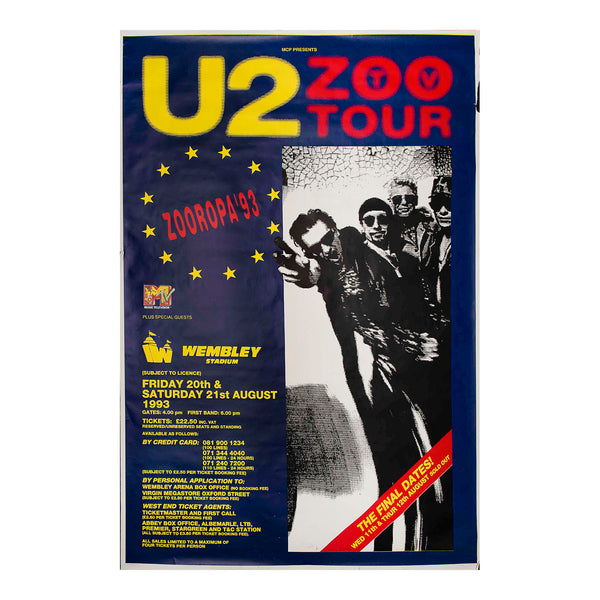 Original, hoardings sized, promotional concert poster for U2's iconic Zoo TV / Zooropa '93 Tour. The poster advertises their Wembley Stadium dates on Friday 20th and Saturday 21st August 1993.