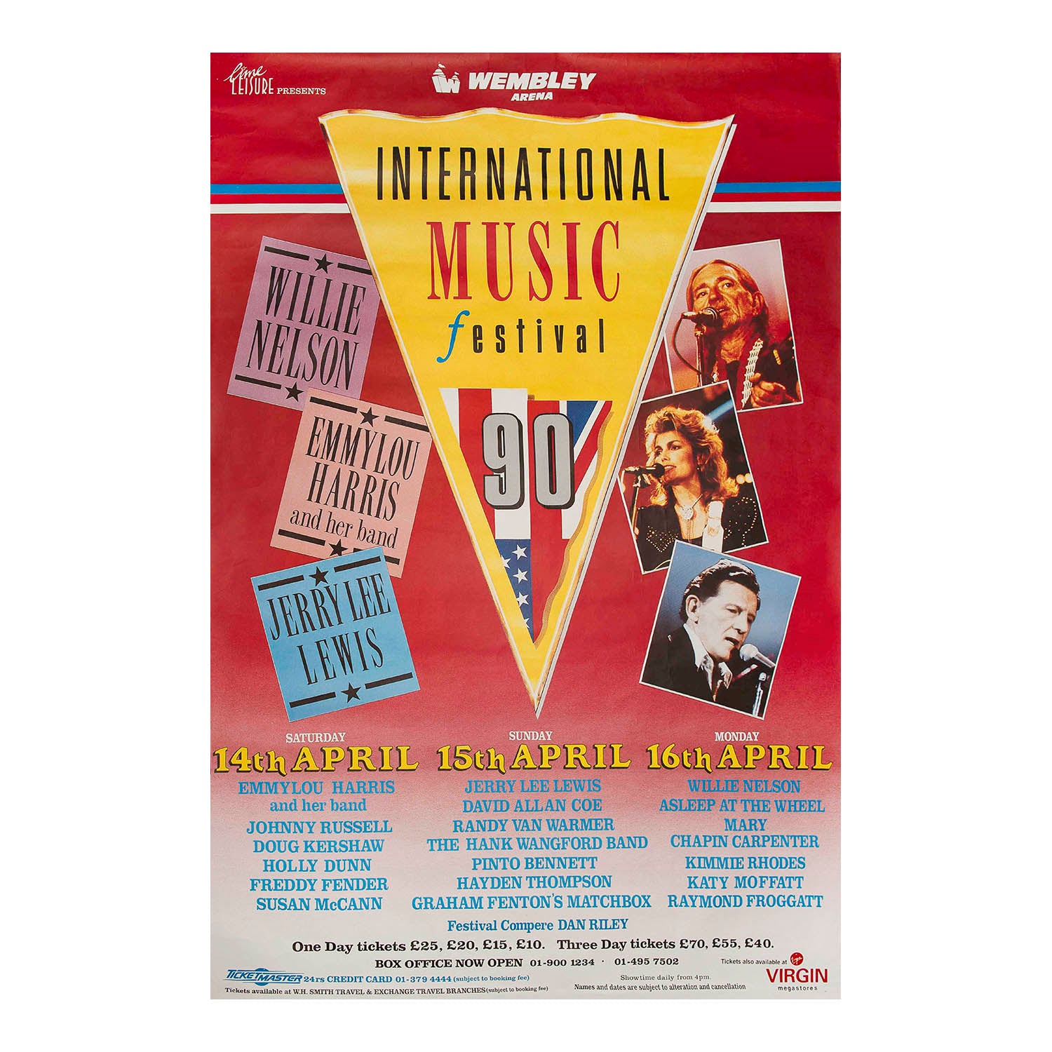 A vintage concert poster for the 1990 International Music Festival, featuring a large yellow triangular stage-like graphic in the center with the festival title, surrounded by red, blue, and white panels with performer photos and event details.