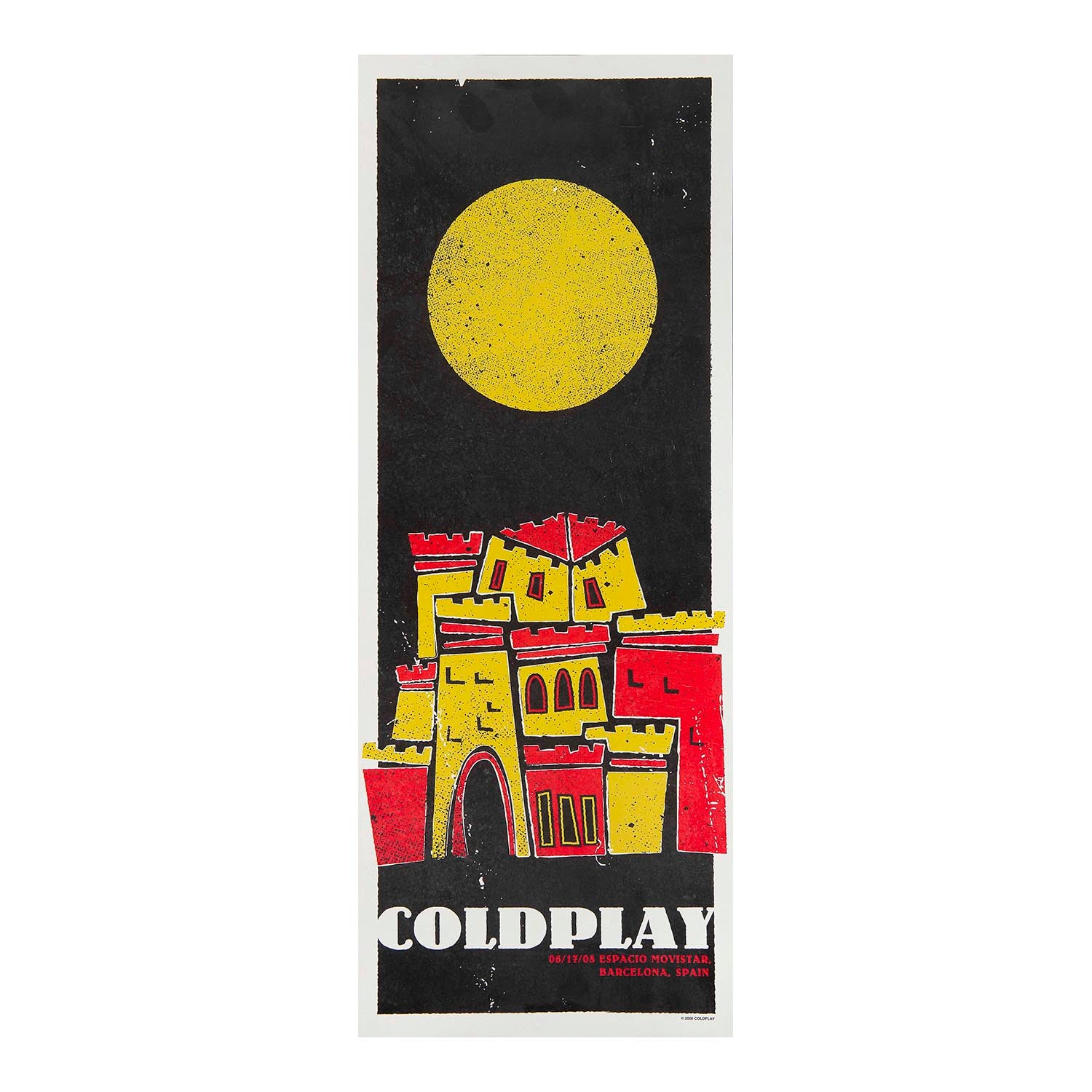 Original, official merchandise, souvenir concert poster, Coldplay, Espacio Movistar, Barcelona, Spain, 17 June 2008. Printed on high grade stock paper.