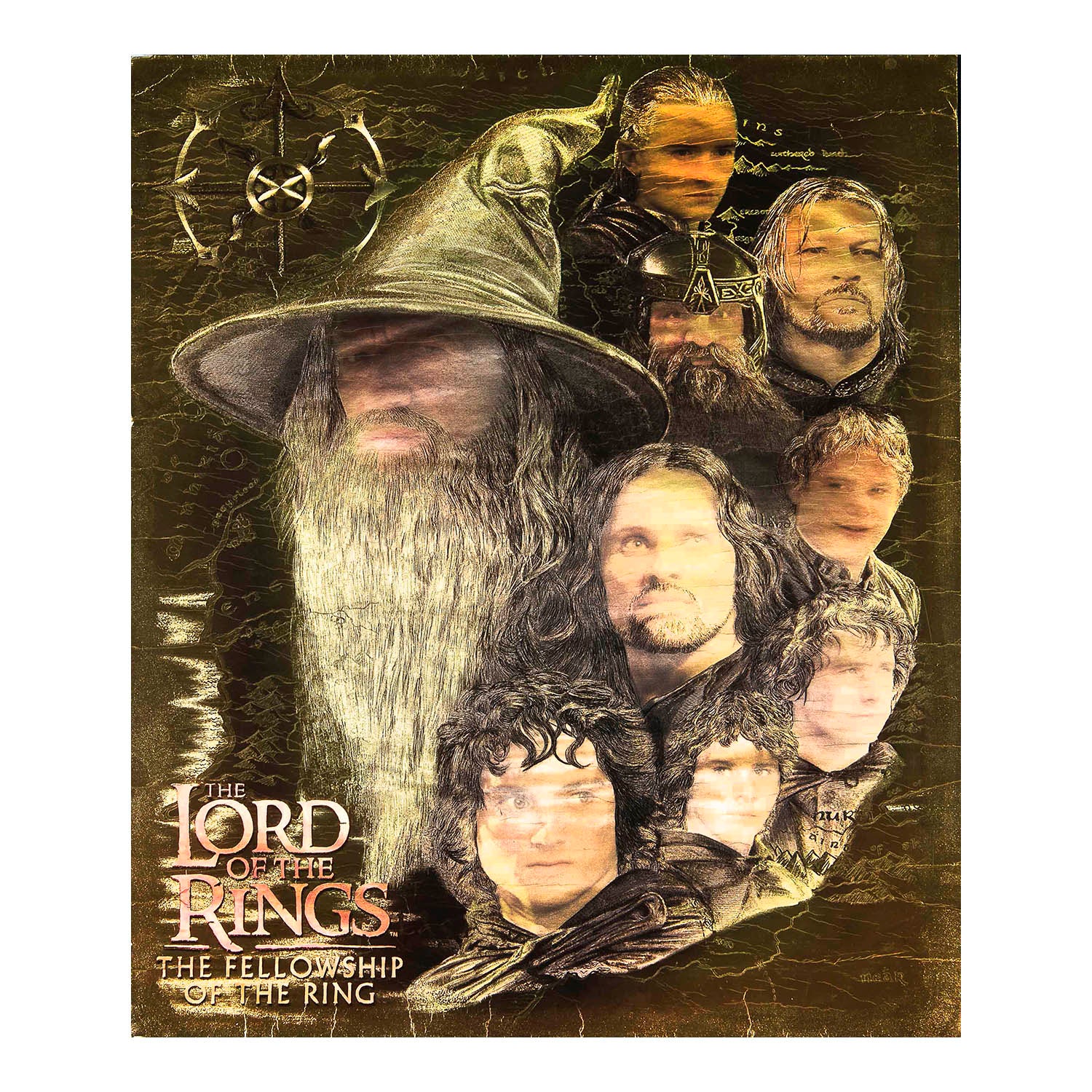 Original promotional poster, The Lord of the Rings: The Fellowship of the Ring, 2001. Printed on gold-coloured foil. Design includes prominent characters from the film including Gandalf, Aragorn, and Frodo.