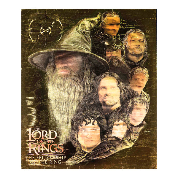 Original promotional poster, The Lord of the Rings: The Fellowship of the Ring, 2001. Printed on gold-coloured foil. Design includes prominent characters from the film including Gandalf, Aragorn, and Frodo.