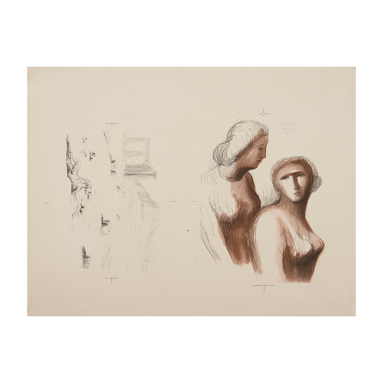 lithographic proof, Two Women; and Seated Madonna, by Henry Moore (1898-1986), Curwen Press, 1958. From the portfolio Heads, Figures, and Ideas