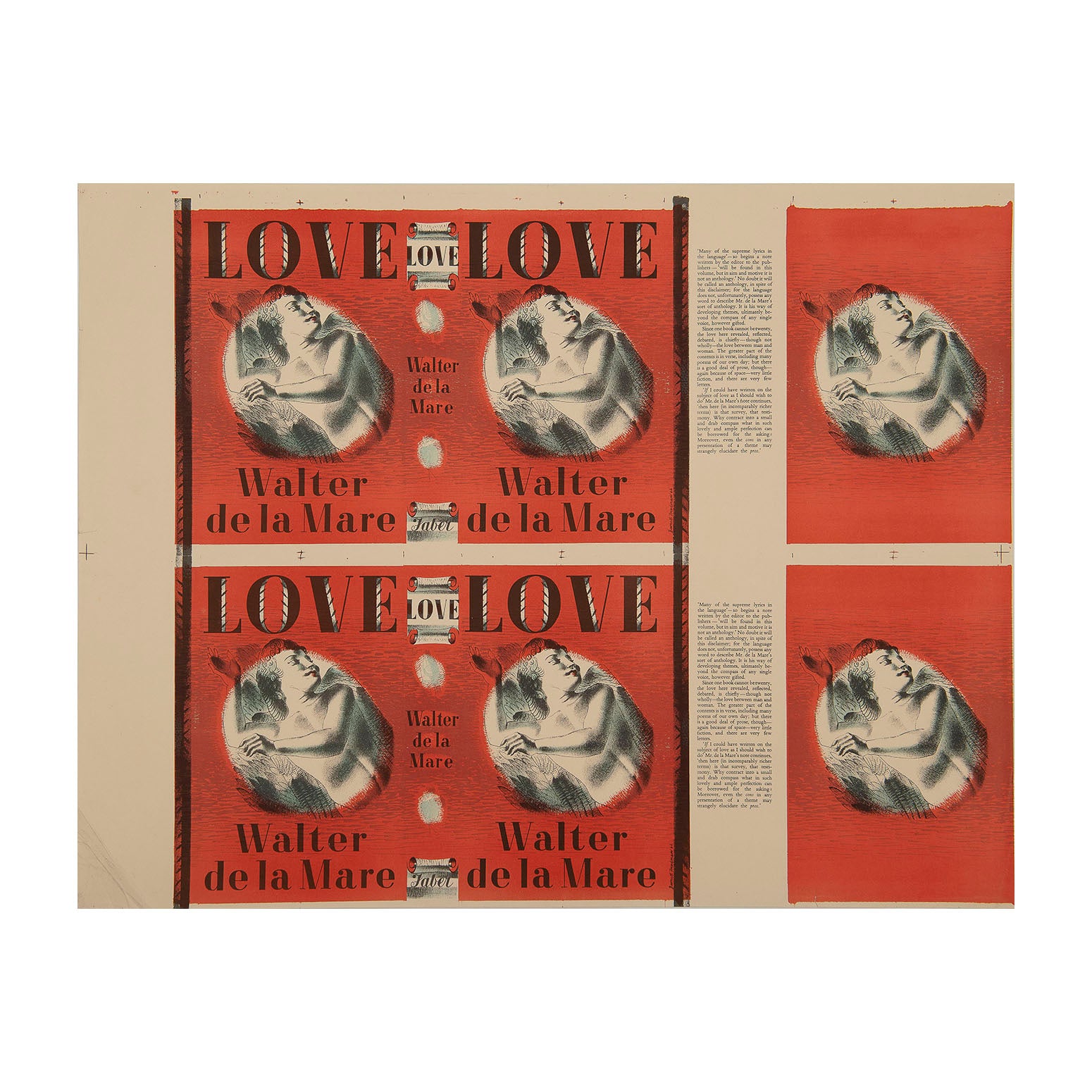 proof dustjacket, Love, Walter de la Mare, designed by Barnet Freedman and printed by the Curwen Press for Faber & Faber, 1943. Love is a collection of verse and prose by the English poet Walter de la Mare (1873–1956). The cover design (dated 1942) depicts a winged cherub against a red background.