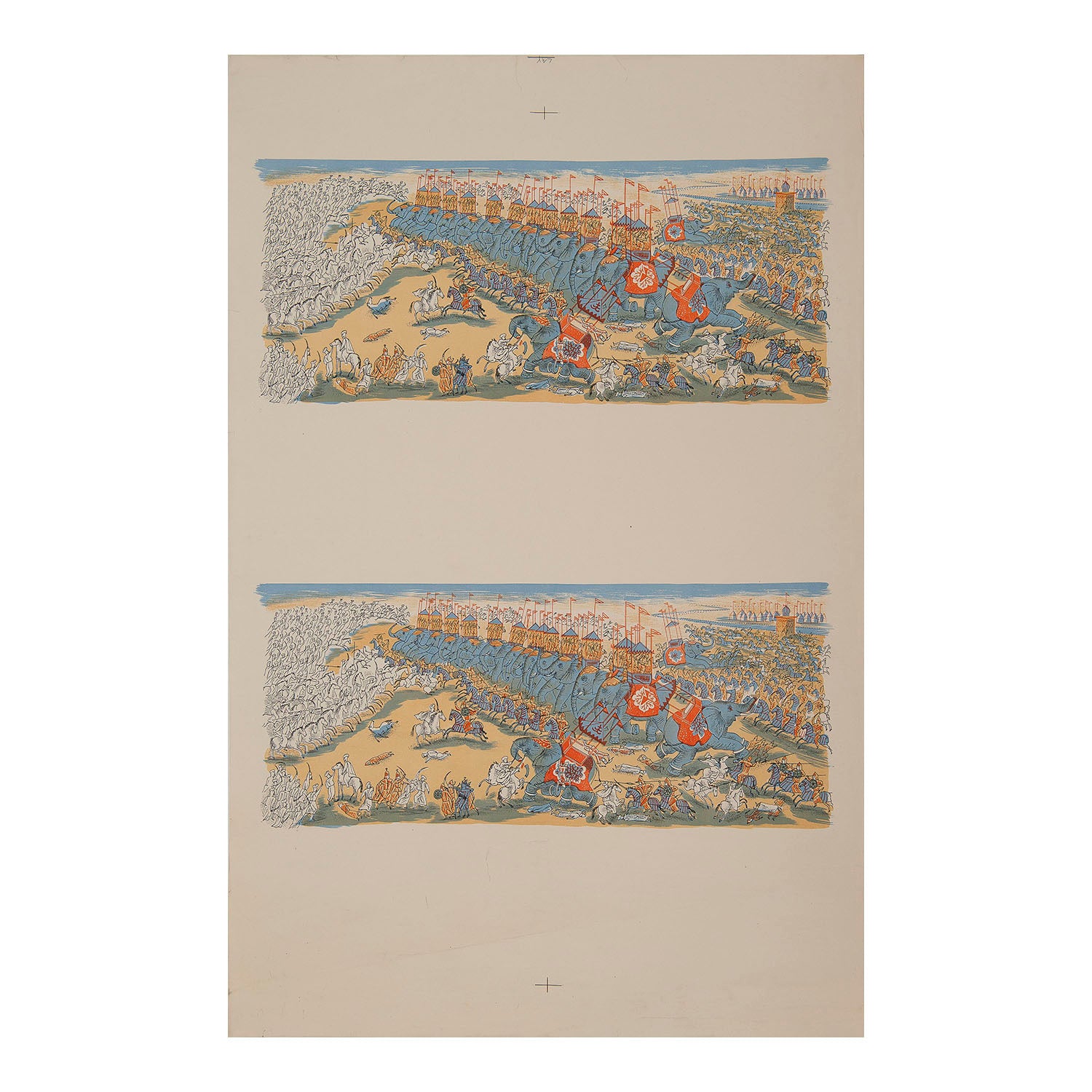 lithographic proof, The Battle of Qadisiya, by Edward Bawden, printed by the Curwen Press in 1947. Published as a double page spread in The Arabs, Puffin Books (1947). A beautifully illustrated depiction of the famous battle (now known as The Battle of al-Qadisiyyah) 