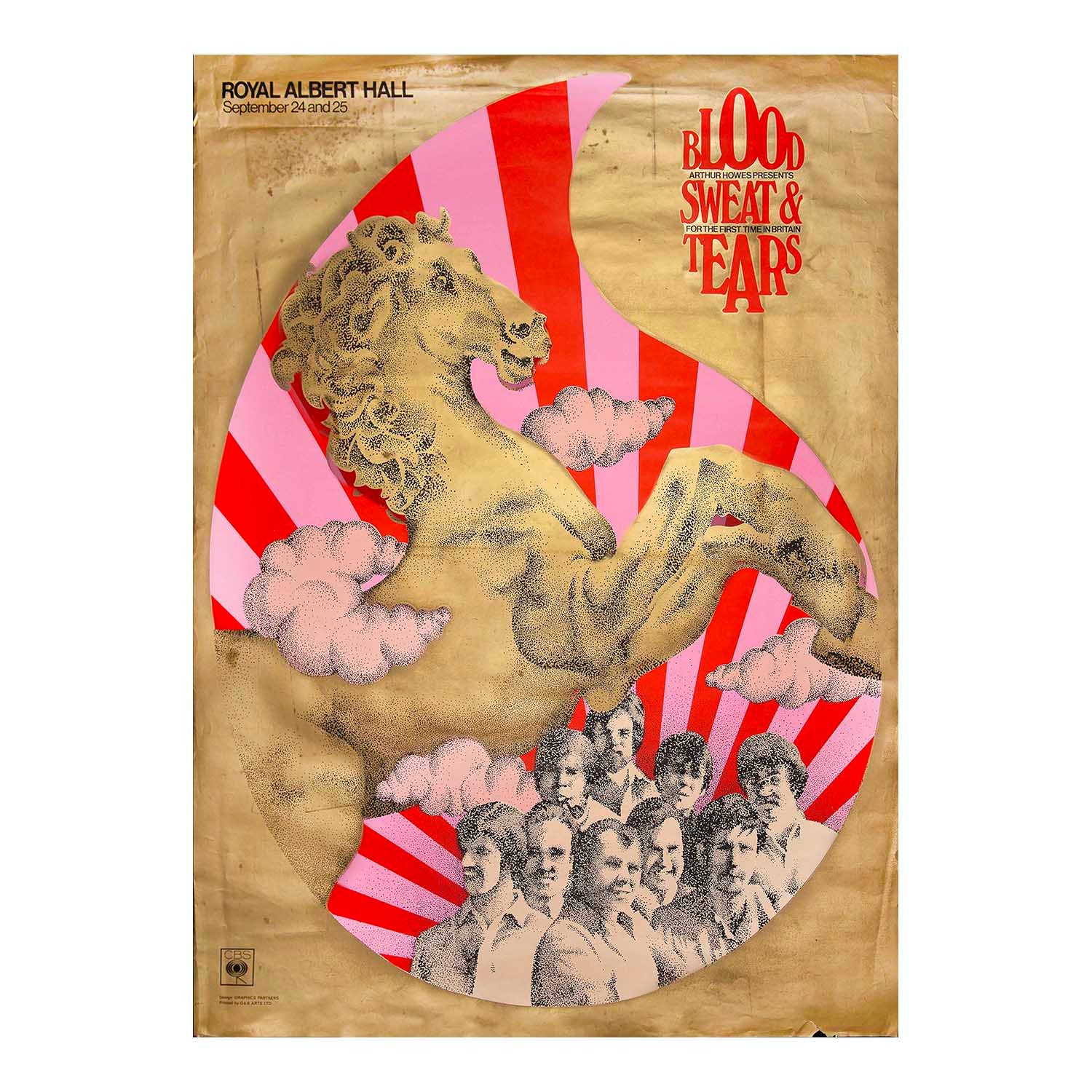 A rare, original promotional poster, for the legendary Blood, Sweat &amp; Tears gigs at the Royal Albert Hall in September 1970. The design, by Graphic Partners, features a psychedelic inspired stippled horse graphic, pink clouds, red-and-white sunburst background, and a portrait collage of the band members.