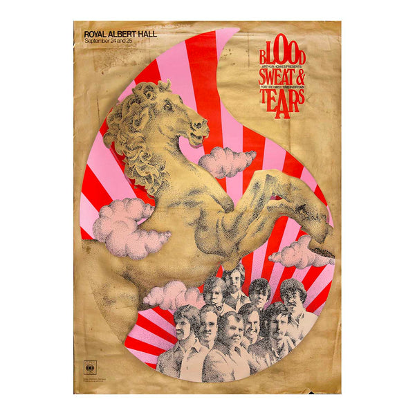 A rare, original promotional poster, for the legendary Blood, Sweat &amp; Tears gigs at the Royal Albert Hall in September 1970. The design, by Graphic Partners, features a psychedelic inspired stippled horse graphic, pink clouds, red-and-white sunburst background, and a portrait collage of the band members.