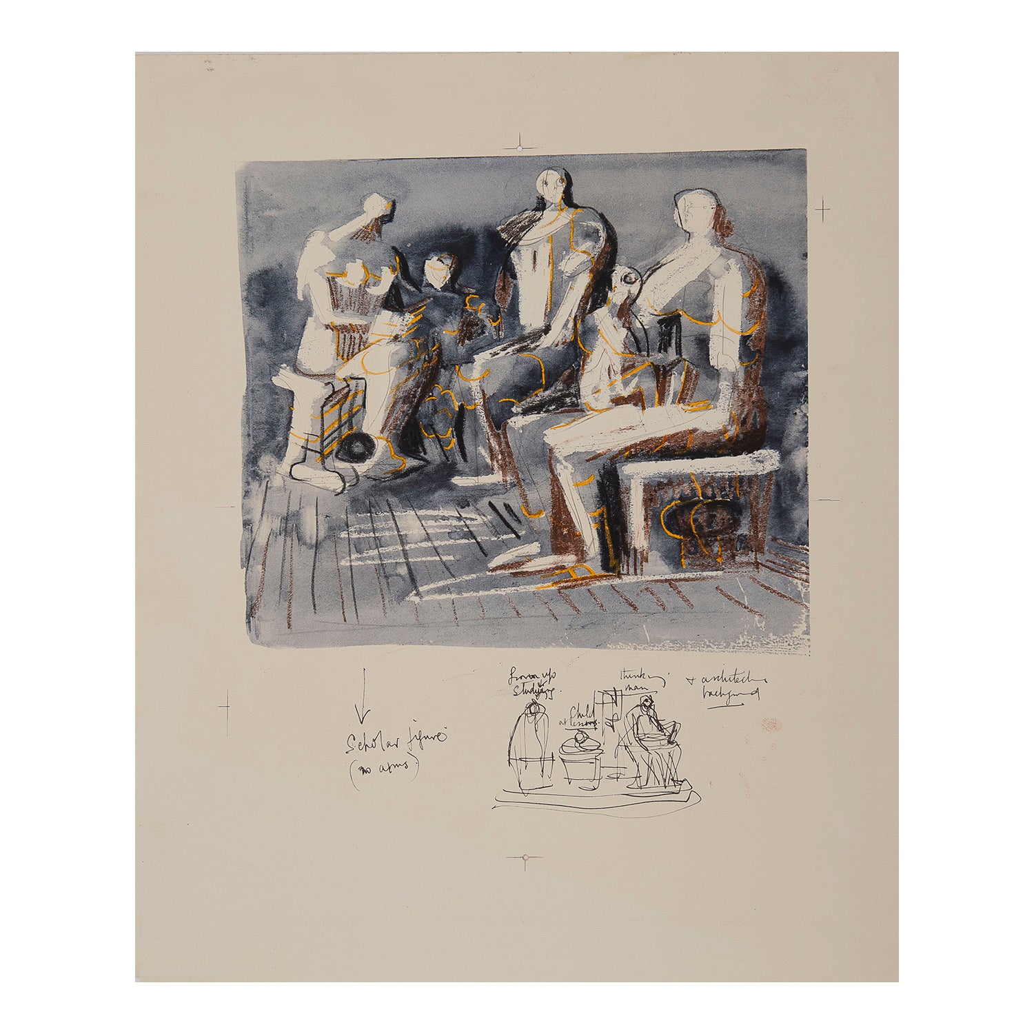 lithographic proof, Scholar Group, by Henry Moore (1898-1986), Curwen Press, 1958. From the portfolio Heads, Figures, and Ideas, printed by Curwen Studio