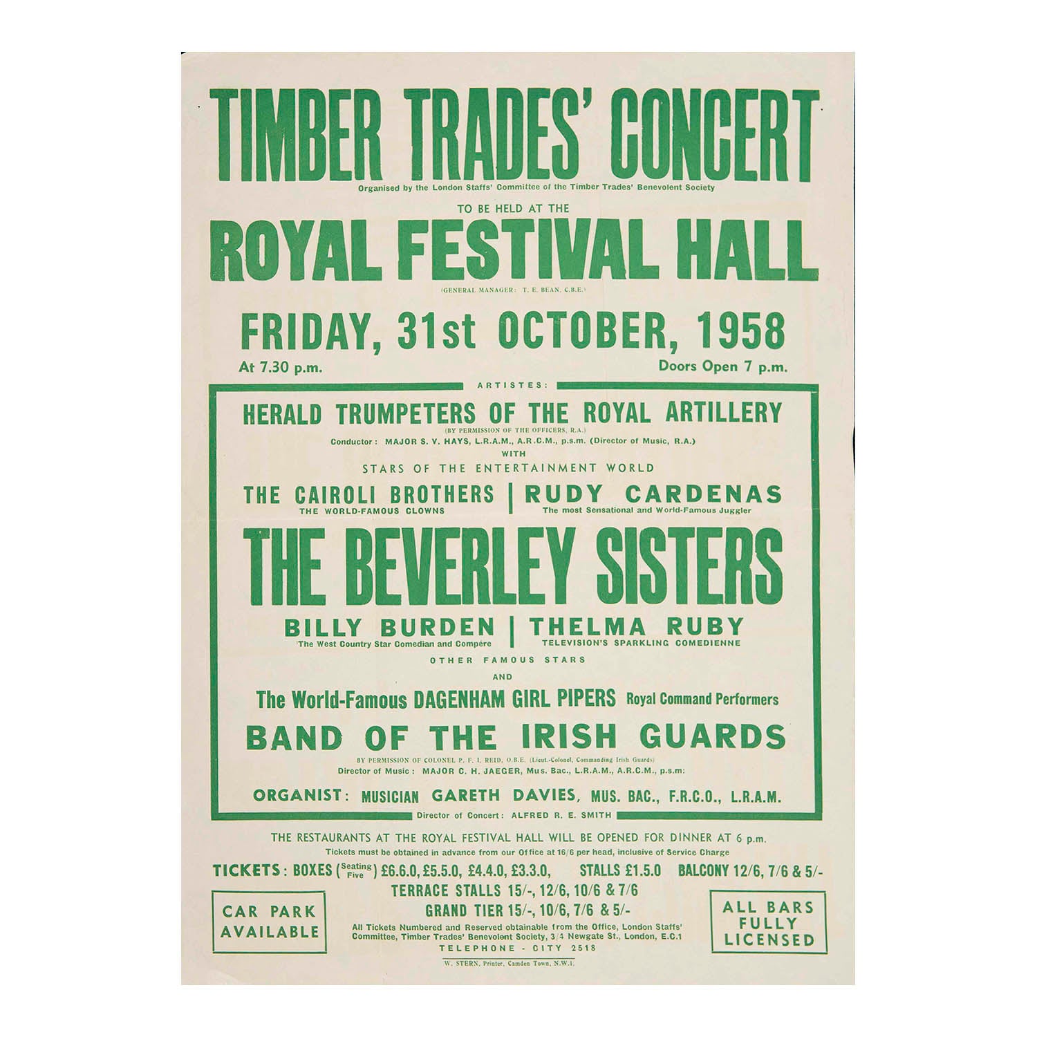 Original letterpress concert poster for the Timber Trades' Concert held at the Royal Festival Hall on Friday, 31st October 1958, featuring the Beverley Sisters.