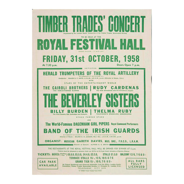 Original letterpress concert poster for the Timber Trades' Concert held at the Royal Festival Hall on Friday, 31st October 1958, featuring the Beverley Sisters.