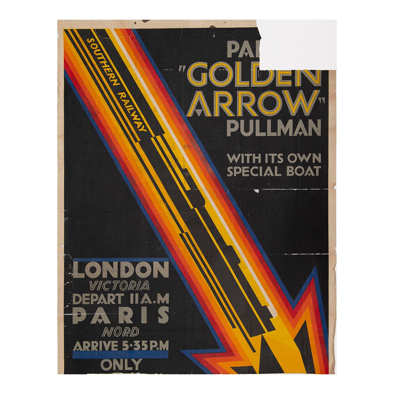 The remains of an original and rare Southern Railway poster designed by Charles Shepherd. (‘Shep’) and printed in 1929. The poster promotes the Southern Railway’s famous ‘Golden Arrow’ cross-channel Pullman service