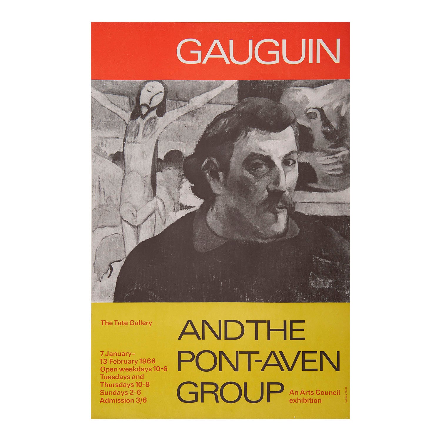 exhibition poster, Gauguin and the Pont-Aven Group, The Tate, 1966. The design, printed by the Curwen Press, features Paul Gauguin’s Self-Portrait with the Yellow Christ (1890 or 1891)