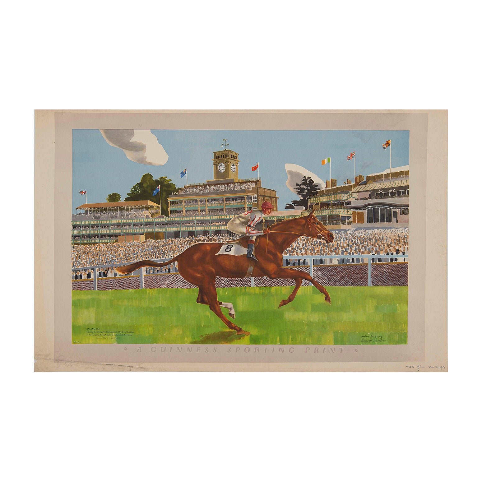 An original Guinness Sporting Print, Ballymoss winning the King George VI & Queen Elizabeth Stakes at Ascot, 19 July 1958, painted by John Skeaping and Kenneth Rowntree, 1959. This is a proof version from the Curwen Press, hand dated ‘31/3/59’