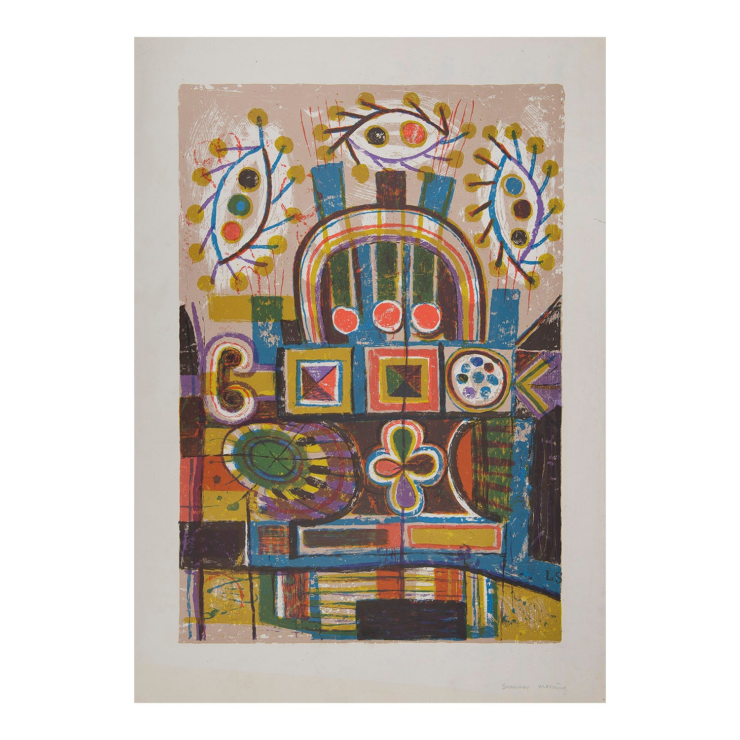 lithographic print, Summer Morning, from a series by the British artist and designer Laurence Scarfe, printed by the Curwen Studio, 1966.