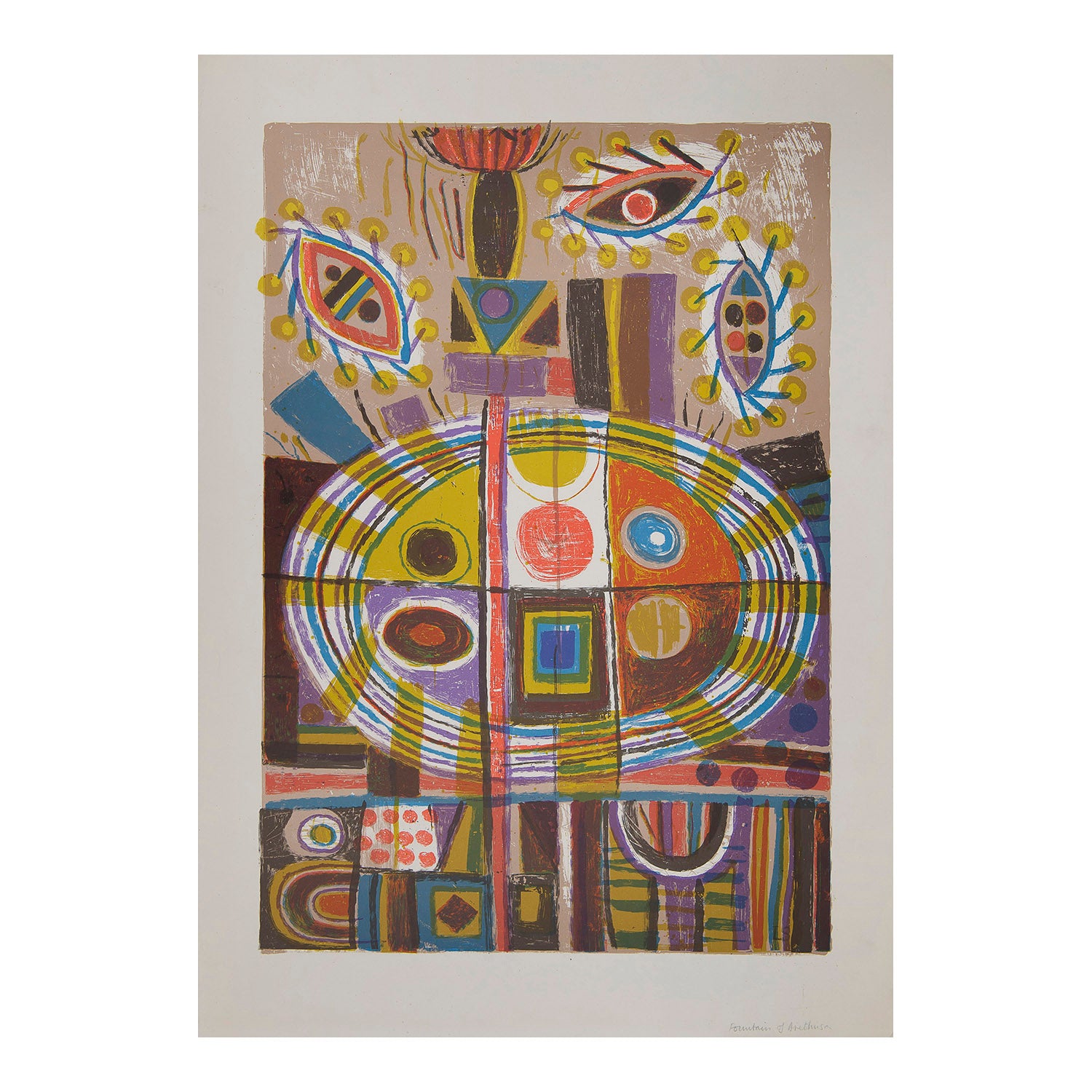 lithographic print, Fountains of Arethusa, from a series by the British artist and designer Laurence Scarfe, printed by the Curwen Studio, 1966.