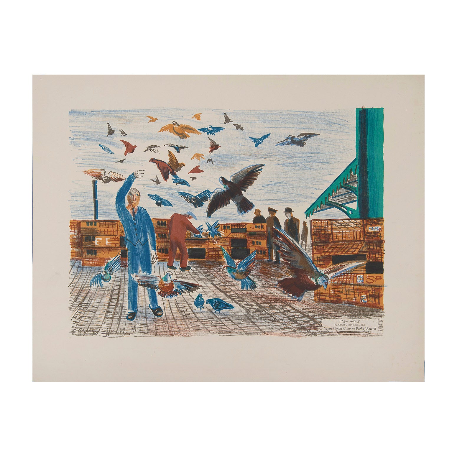 Guinness Lithograph, Pigeon Racing by Alistair Grant, printed by the Curwen Studio and published in 1962.