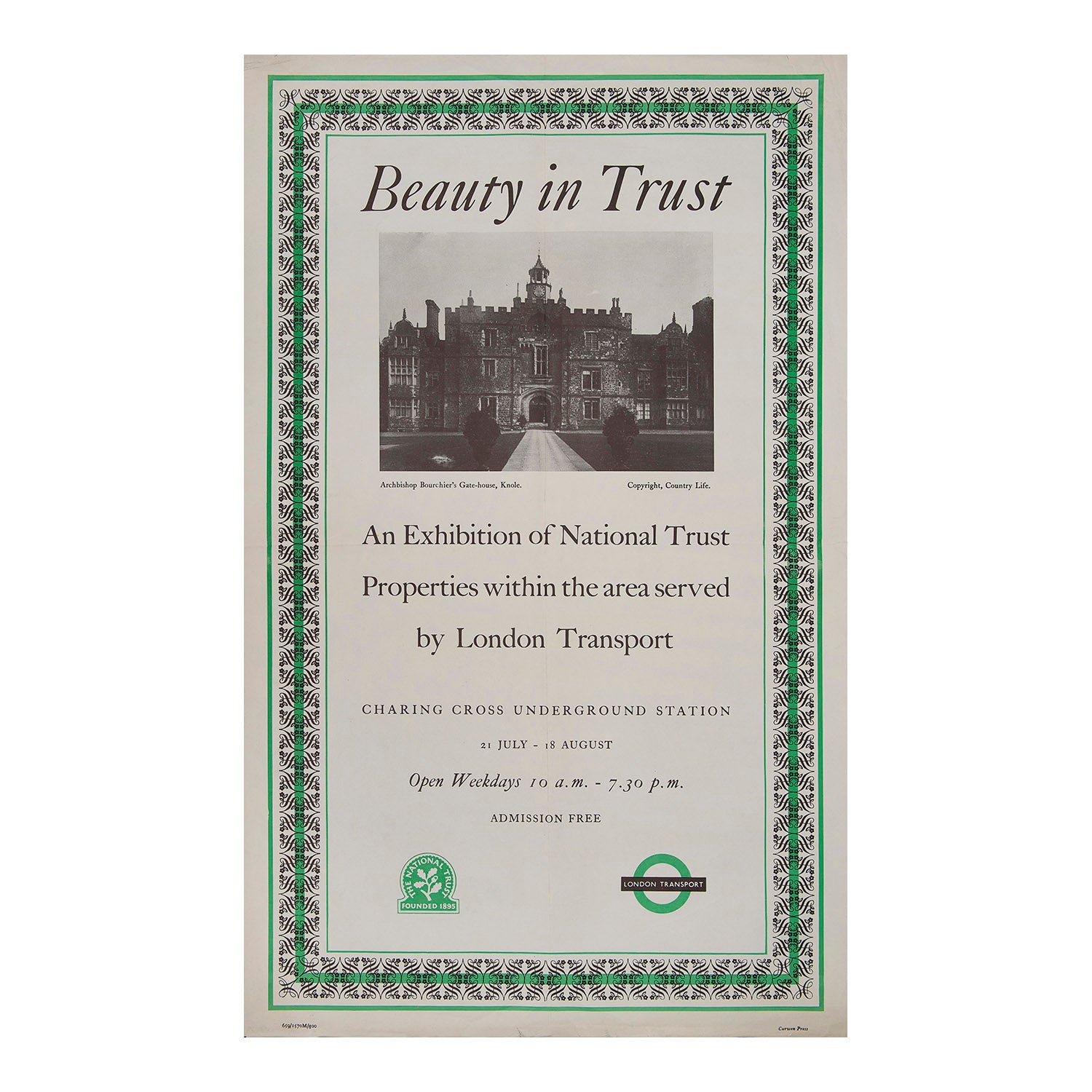 London Transport poster, Beauty in Trust, promoting an exhibition about National Trust properties held at Charing Cross Tube station during July and August 1959. The poster features a photographic image of Archbishop Bourchier's Gate House, Knol