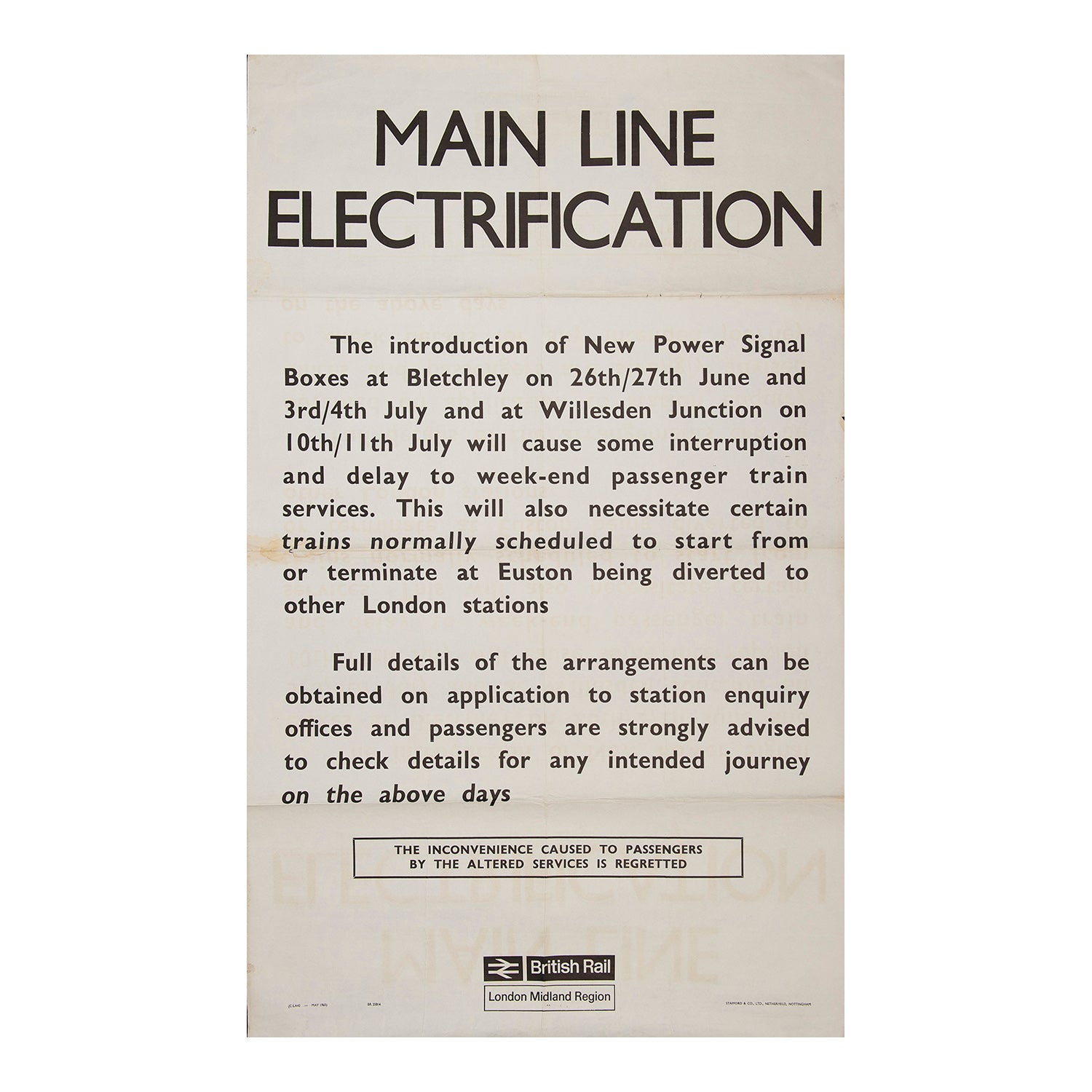 British Rail information poster relating to the installation of New Power Signal Boxes at Bletchley and Willesden Junction as part of the electrification of the West Coast Main Line to London in 1965.