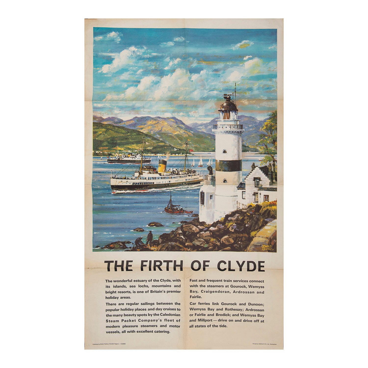 British Railways (Scottish Region) poster, <em>The Firth of Clyde</em>, painted by John S Smith, c.1960. The design depicts the Cloch lighthouse at Gourock in the foreground, with a Caledonian Steam Packet Company pleasure steamer and other boats traversing the Clyde against a mountainous background. 