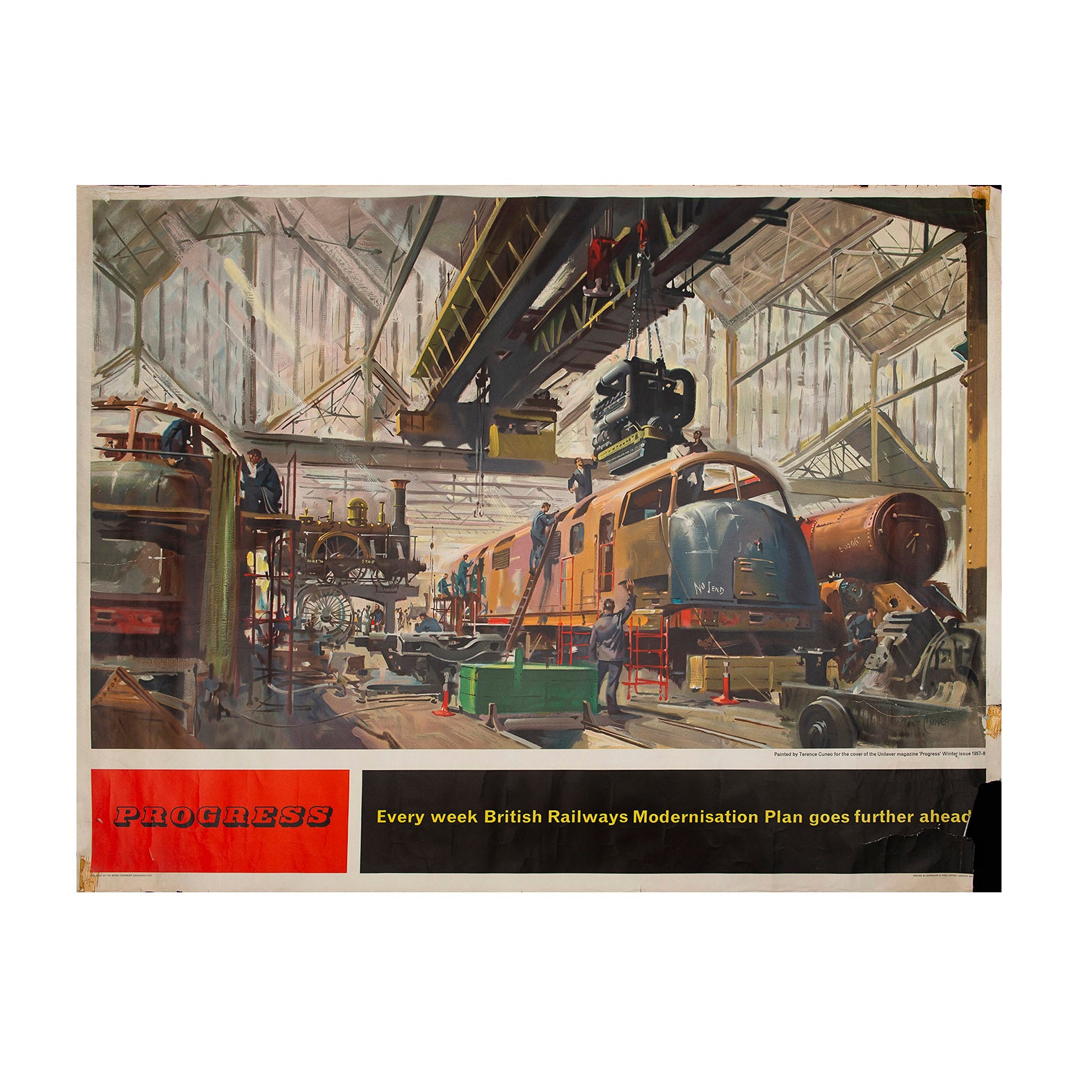 railway poster, <em>Progress,</em> by Terence Cuneo. The painting was commissioned by British Railways for the cover of the Unilever staff magazine (winter issue 1957) and also for poster display. It shows the production of new "Warship" diesel Locomotives at Swindon works, alongside much older steam locomotives