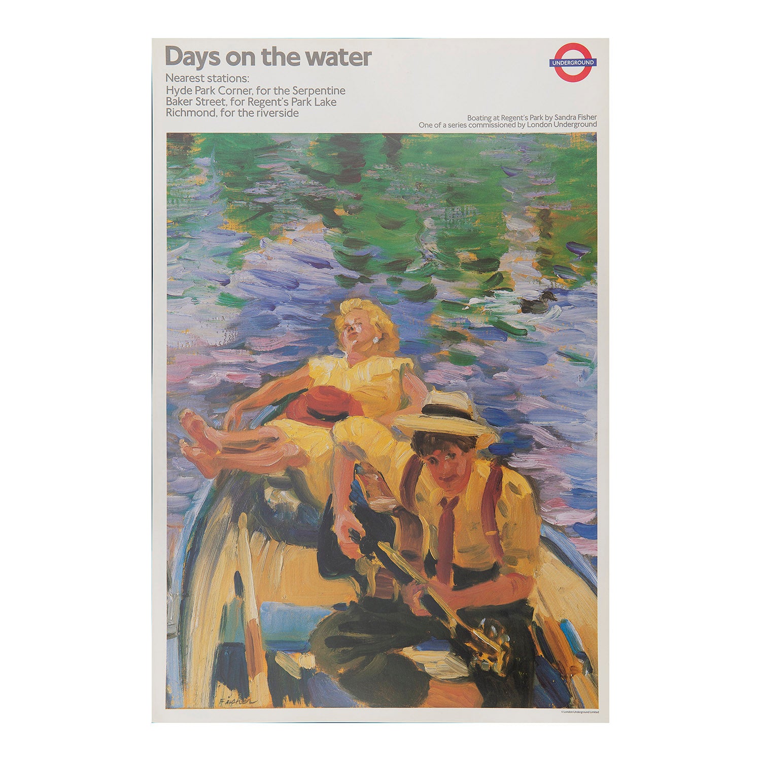 original London Transport poster, <em>Days on the Water</em>, by Sandra Fisher, 1989. Commissioned as part of the ‘Art on the Underground’ programme, Fisher’s languid depiction of a young couple boating at Regent’s Park was one London Underground’s most popular posters of the time, even appearing on the front cover of Reader's Digest magazine