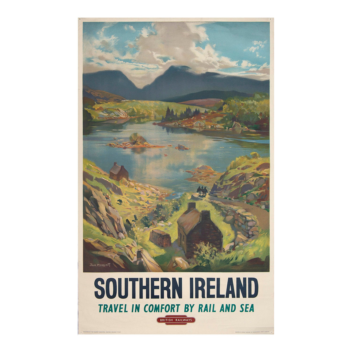 travel poster, Southern Ireland, Travel in Comfort by Rail and Sea, by the British artist Jack Merriott, published by British Railways (Western Region), c.1955. Merriott depicts the mountainous landscape of southern Ireland, with a cottage in the foreground and a winding road leading to a tranquil lake.