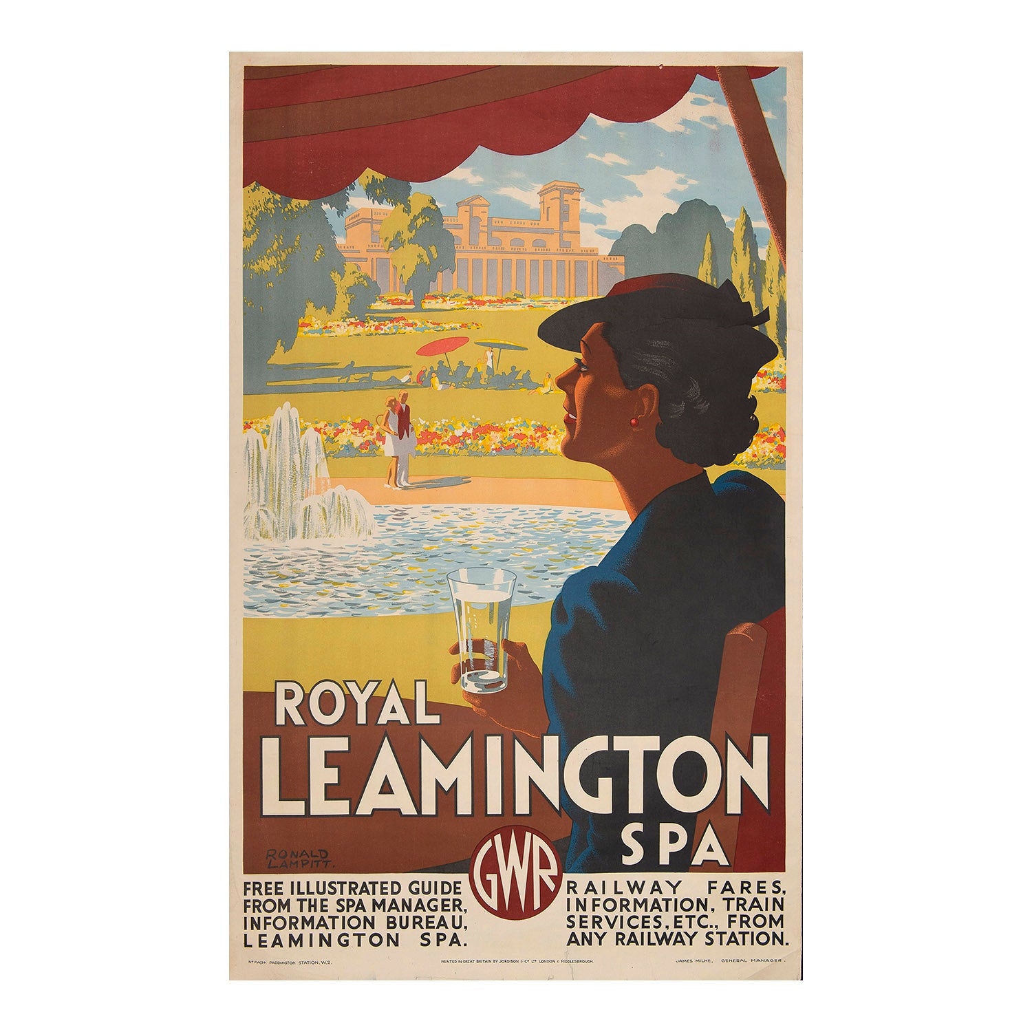 Great Western Railway poster promoting the health qualities of Royal Leamington Spa (Warwickshire), designed by the English artist and illustrator Ronald Lampitt, c.1937. A classic railway poster of the era, depicting a fashionably dressed lady drinking a glass of spa water with the famous Leamington Spa Pump Rooms in the background. 