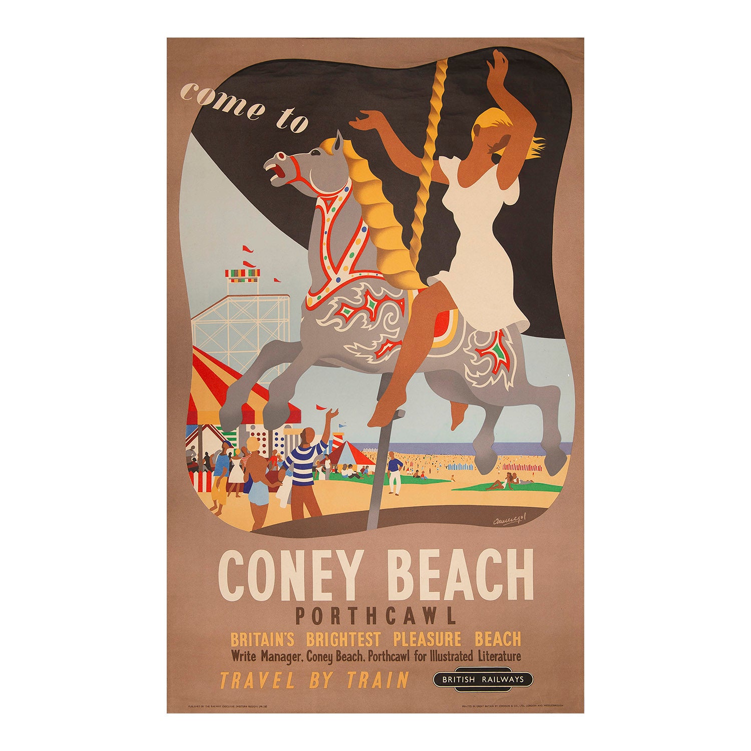 Railway Executive (Western Region) poster, Come to Coney Beach, Porthcawl, painted by the Spanish artist-designer Mario Hubert Armengol, 1952. The joyful image depicts a young woman riding a carousel horse with Coney Beach in the background