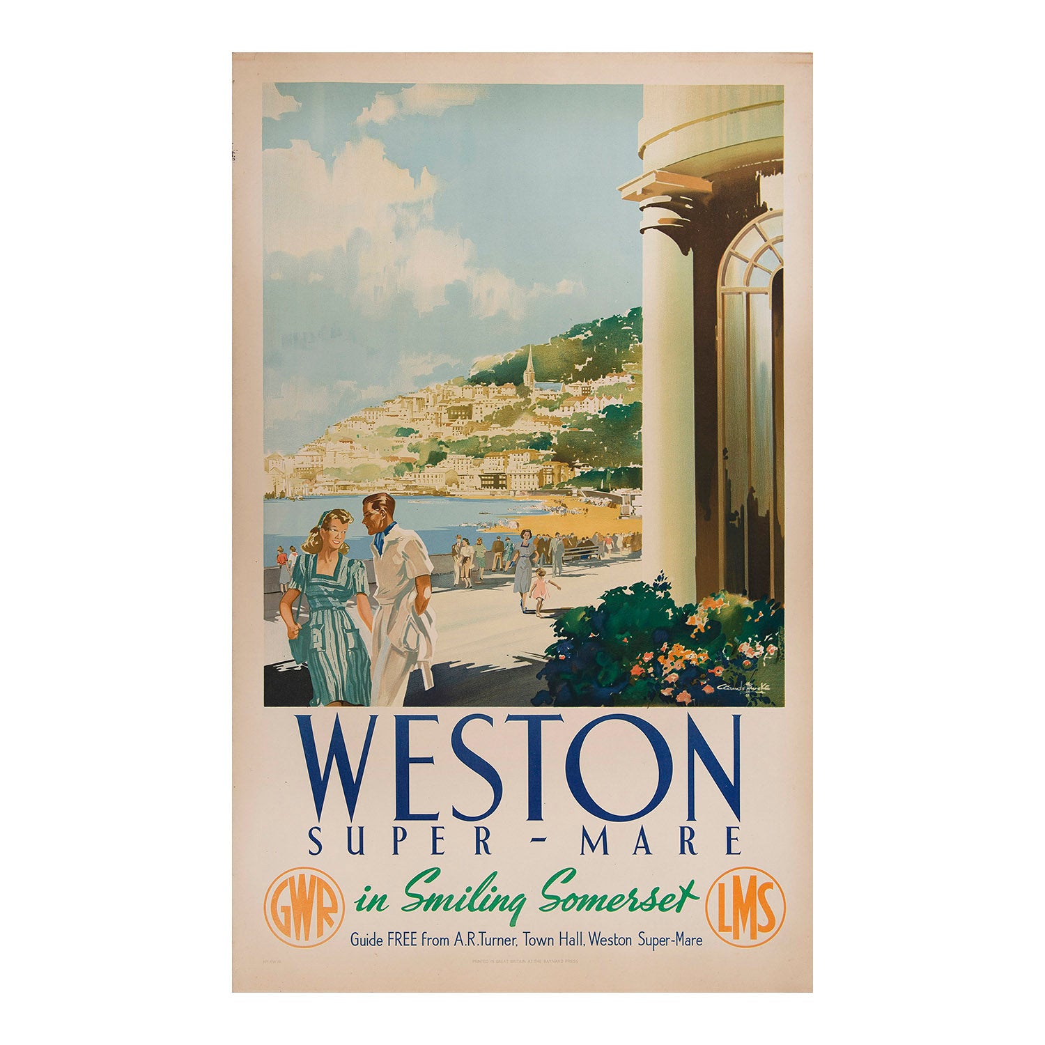 Weston Super-Mare in Smiling Somerset, painted by the noted British poster artist Claude Buckle, 1946. The poster was jointly published by the Great Western Railway and the London Midland &amp; Scottish Railway. It depicts a smartly dressed couple outside the Winter Gardens Pavilion, with the bay and town in the middle distance