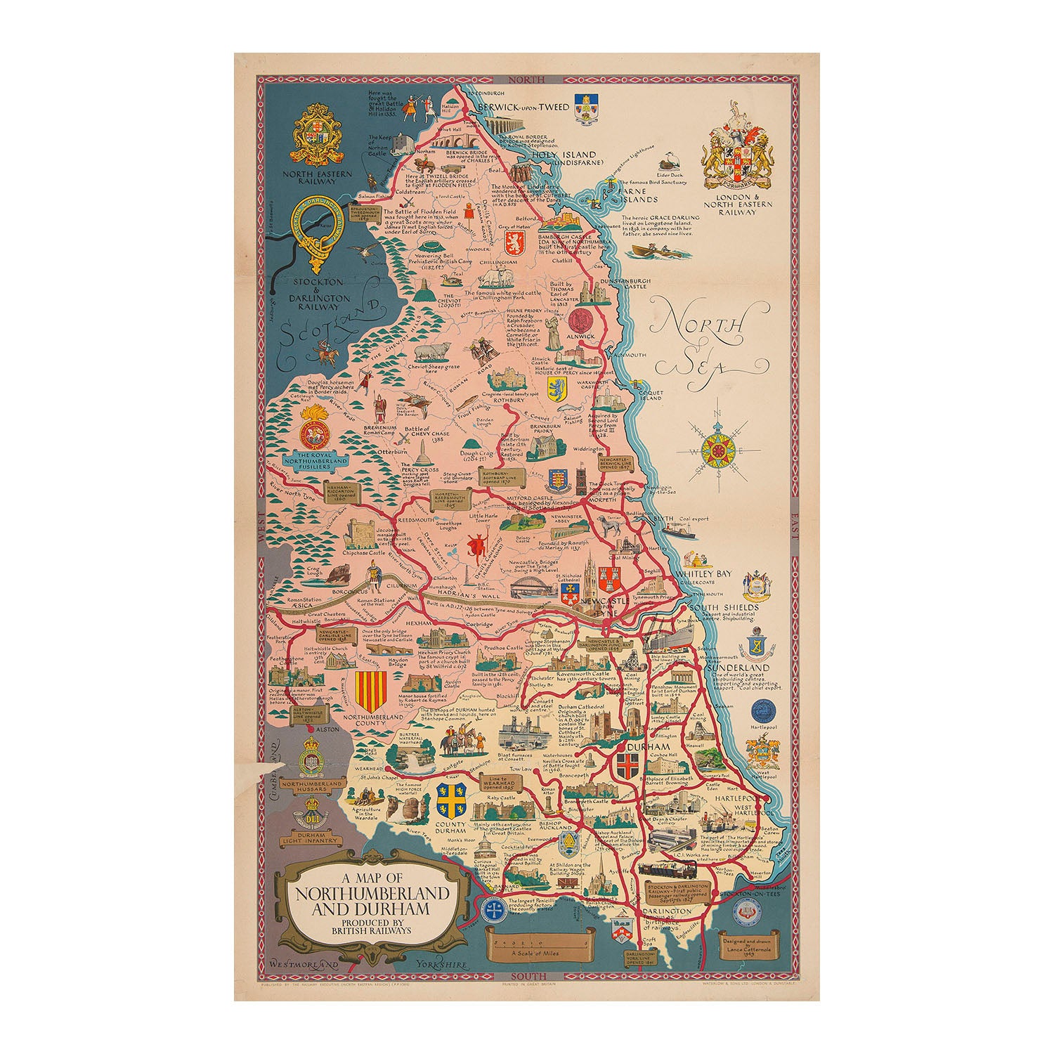 British Railways (North Eastern Region) poster, A Map of Northumberland and Durham, by Lance Cattermole, 1949. A superb example of an illustrated poster map, featuring the regional crests of towns, counties, regiments and railway companies, together with places of interest and depictions of famous events from the region’s history. The poster also celebrates modern industrial achievements as well as historic sites, including Berwick, Bamburgh Castle, Alnwick Castle, Durham