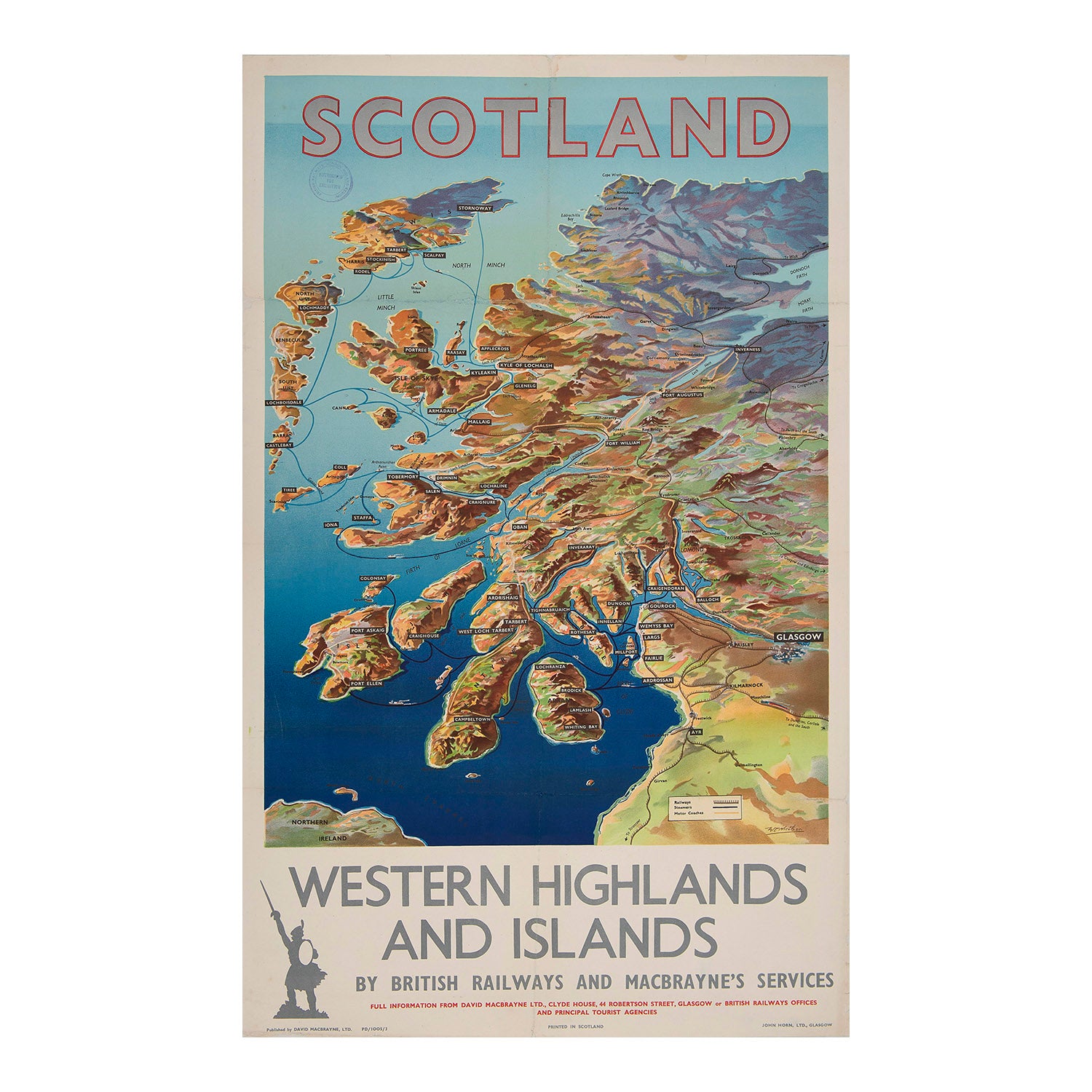 Scotland Western Highlands and Islands, painted by W Nicolson and published by David Macbrayne Services Ltd and British Railways, c.1955. The relief map design depicts the passenger steamship routes operated by Macbrayne Services Ltd, together with the connecting rail and coach routes. A splendid poster that impressively represents the extent of the islands making up this part of western Scotland
