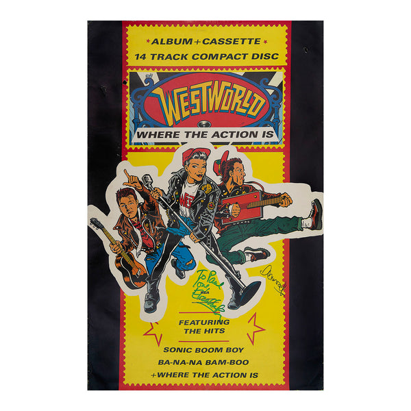 Original promotional poster, Where the Action Is, the first studio album by British rockabilly band Westworld, 1987. The poster has a handwritten dedication signed by American vocalist Elizabeth Westwood and guitarist Bob "Derwood" Andrews.