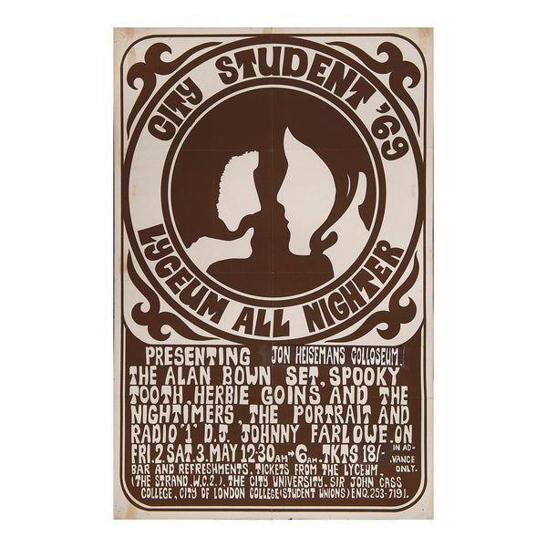 Original gig poster, Lyceum All Nighter, The Lyceum, London May 1969. The image features the outlined faces of a young man and a young woman, against a decorative brown border