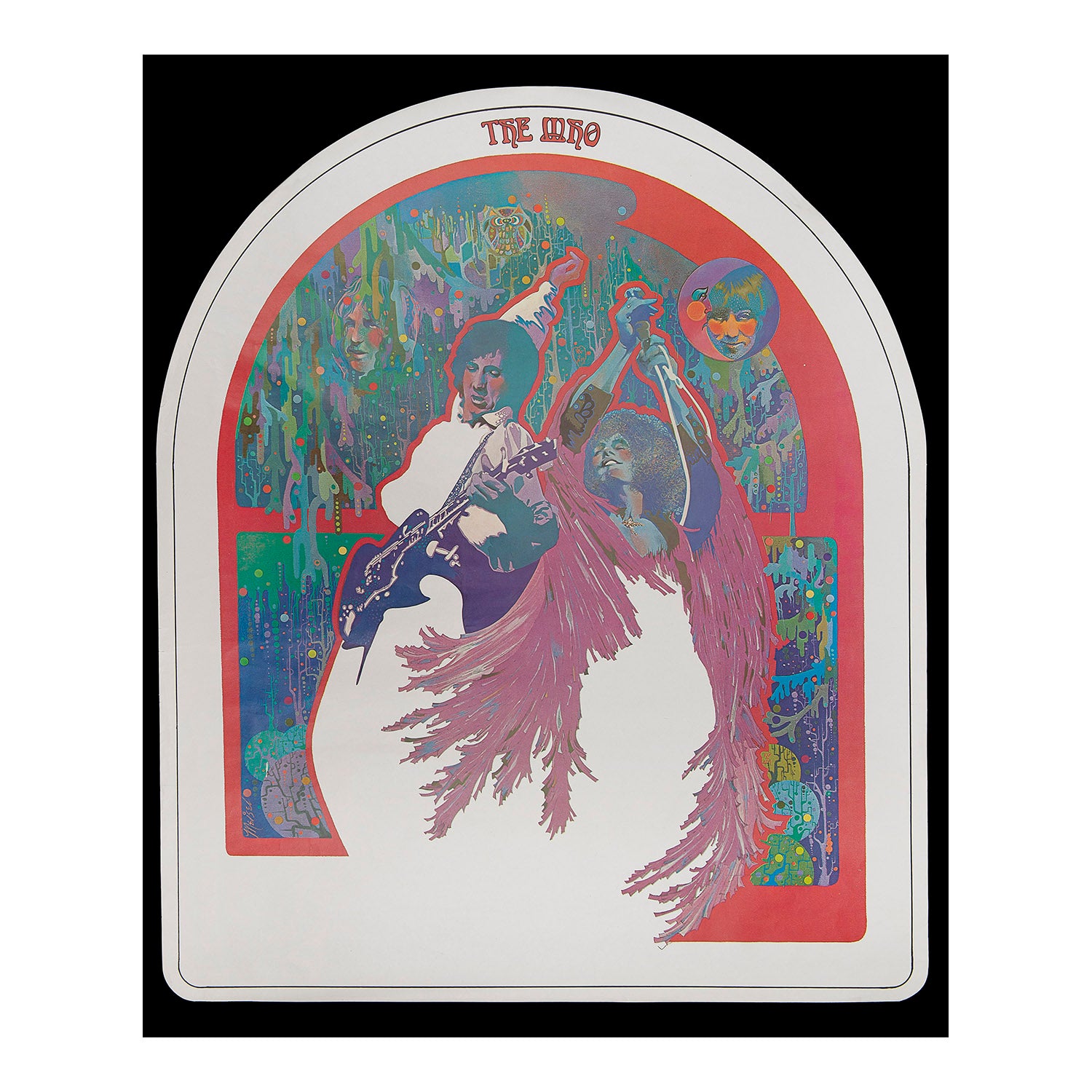 Original psychedelic promotional poster for The Who, 1970 U.S. Tour, designed by Meisel. The poster is printed in an arch shape (shown in the photograph here against a black background) and features Keith Moon and Pete Townshend in concert