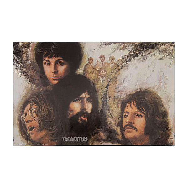 Original poster of The Beatles by Jorn Beinkamp, published by Minerva in 1975 The image shows two depictions of the Fab Four spanning the band’s career from the early 1960s to 1970