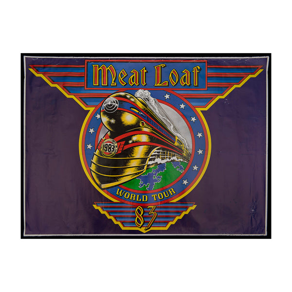  concert promotional poster for Meatloaf World Tour, 1983. The striking artwork feature a stylised steam locomotive traversing the globe. The tour promoted Midnight at the Lost and Found, the third studio album by Meat Loaf, released in April 1983. 