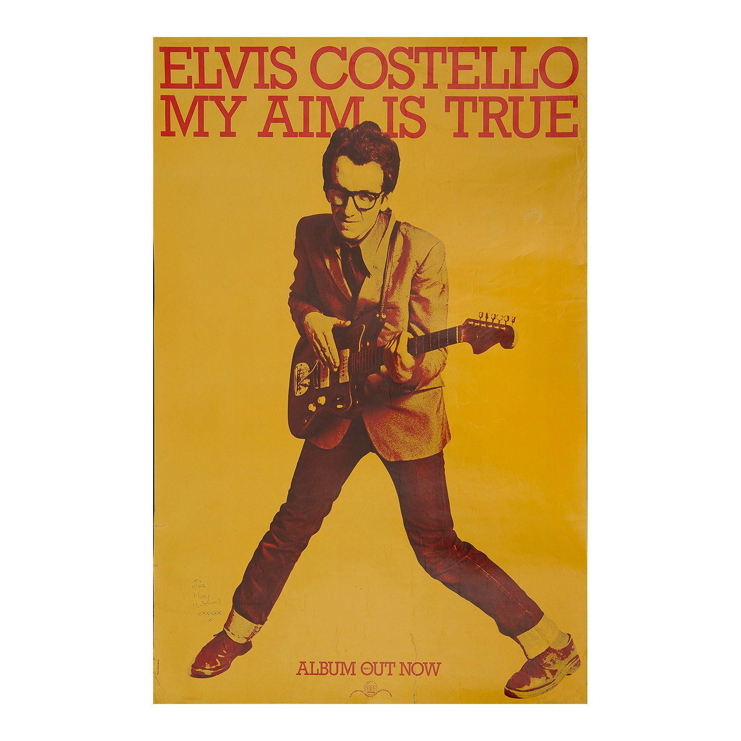 original promotional album for My Aim Is True, the debut studio album by the English singer-songwriter Elvis Costello, featuring the singer with a guitar