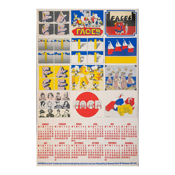 promotional poster calendar, published by the London photosetting company Face and screen printed by G&amp;B Arts, 1969. The design includes illustrations by John Gorham, Bentley Farrell Burnett, Graham Percy, David Pocknell and Barry Zaid (Push Pin)