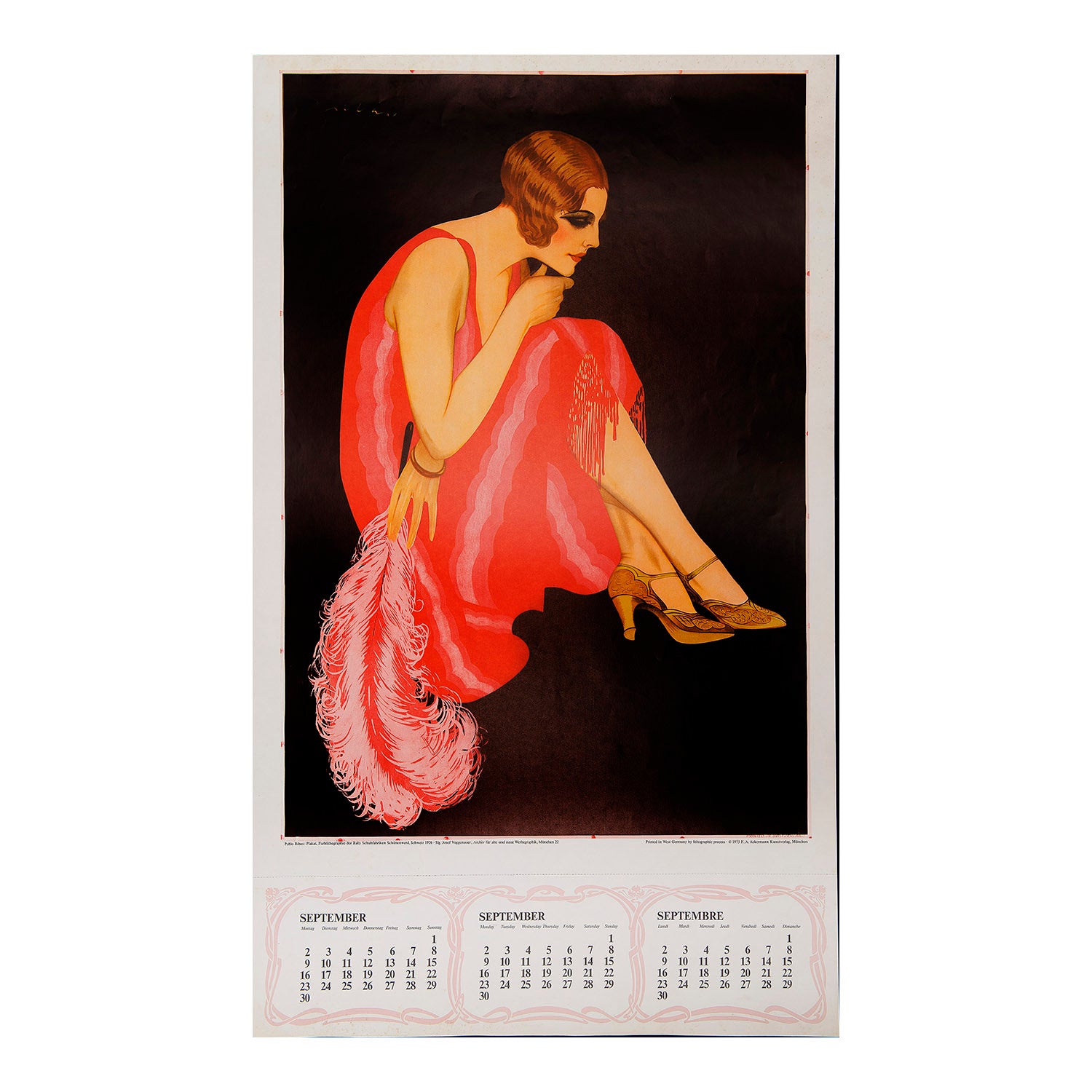 Vintage poster calendar, September 1973, published by Archiv für alte und neue Werbegrafik, printed by FA Ackermann, 1972. The design features a reprint of a 1926 poster designed by Pablo Ribas