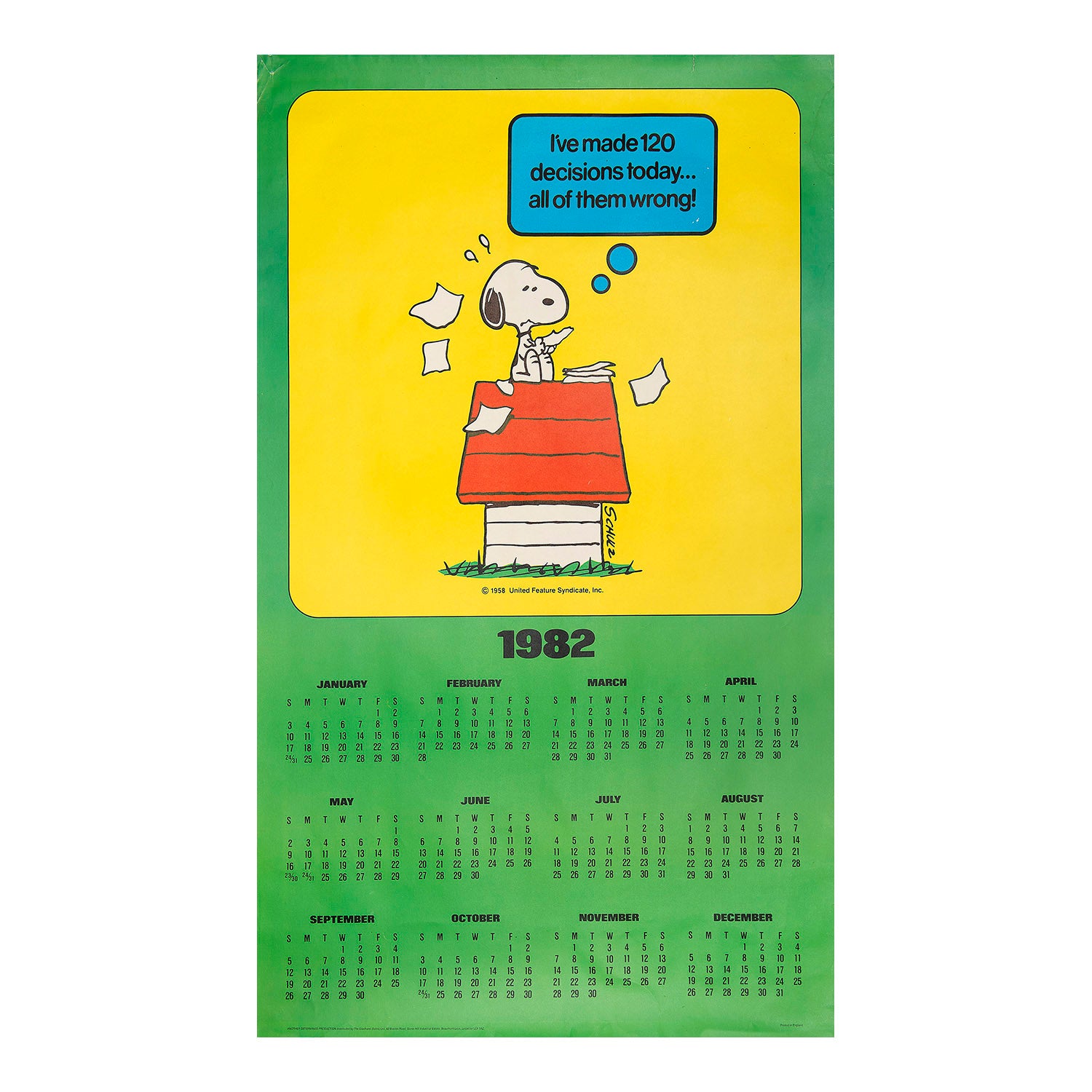 calendar poster featuring the iconic Peanuts comic character Snoopy the Dog by the American cartoonist Charles M. Schulz