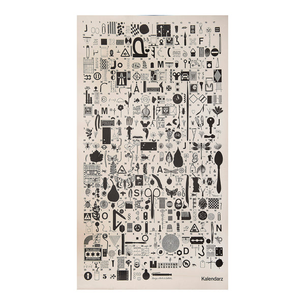 poster calendar, Kalendarz, designed by the Swedish design duo Melin &amp; Österlin, c. 1965. John Melin was a pioneer of graphic design. He often collaborated with the artist Anders Österlin, calling themselves Melin & Österlin (M&Ö). design features a 12-month calendar with each day represented by a black silhouette or simplified drawing of everyday objects