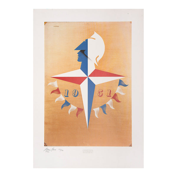 Limited edition signed screen print of the original Festival of Britain drawing by Abram Games (1950), published to coincide with the exhibition Abram Games - 60 Years in Design, 1990. Signed in pencil by Games and numbered (of 150)