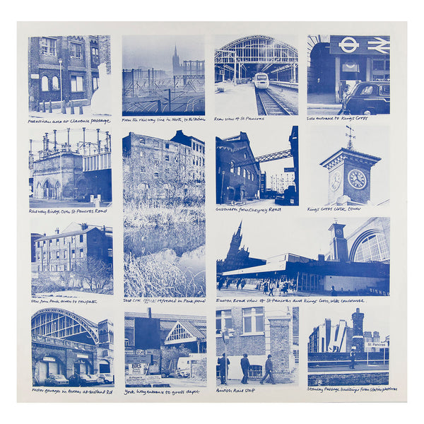 A pair of double-sided photographic collages by designer and photographer Jessica Strang (1938–2021) documenting everyday scenes in the vicinity of Kings Cross and St Pancras railway stations, 1987.