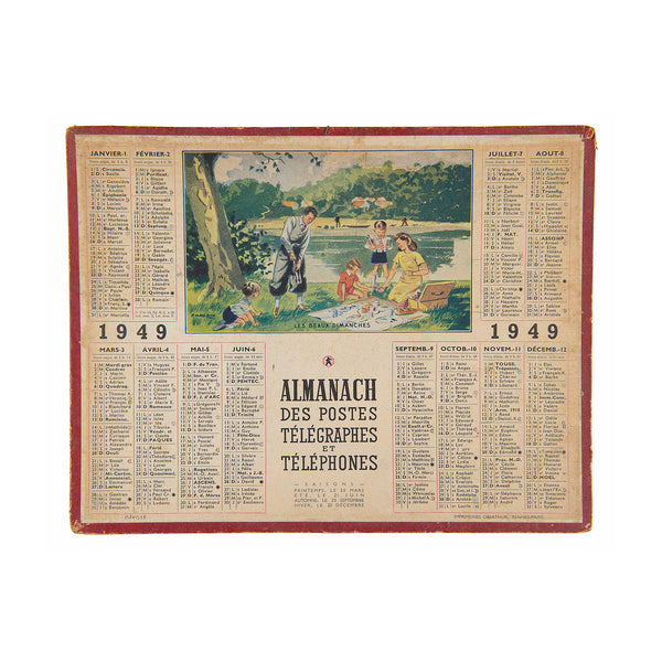 French hanging card calendar, Almanach des postes et des télégraphes, with map and other information on the reverse, 1949. The design includes a printed colour image by P. Magnin entitled Les Beaux Dimanches, depicting a family picnicking by a river