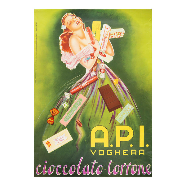 Italian confectionary poster for API Voghera, 1955. The design features a fashionably dressed young woman holding an abundance of sweets and chocolates, with more falling to the floor