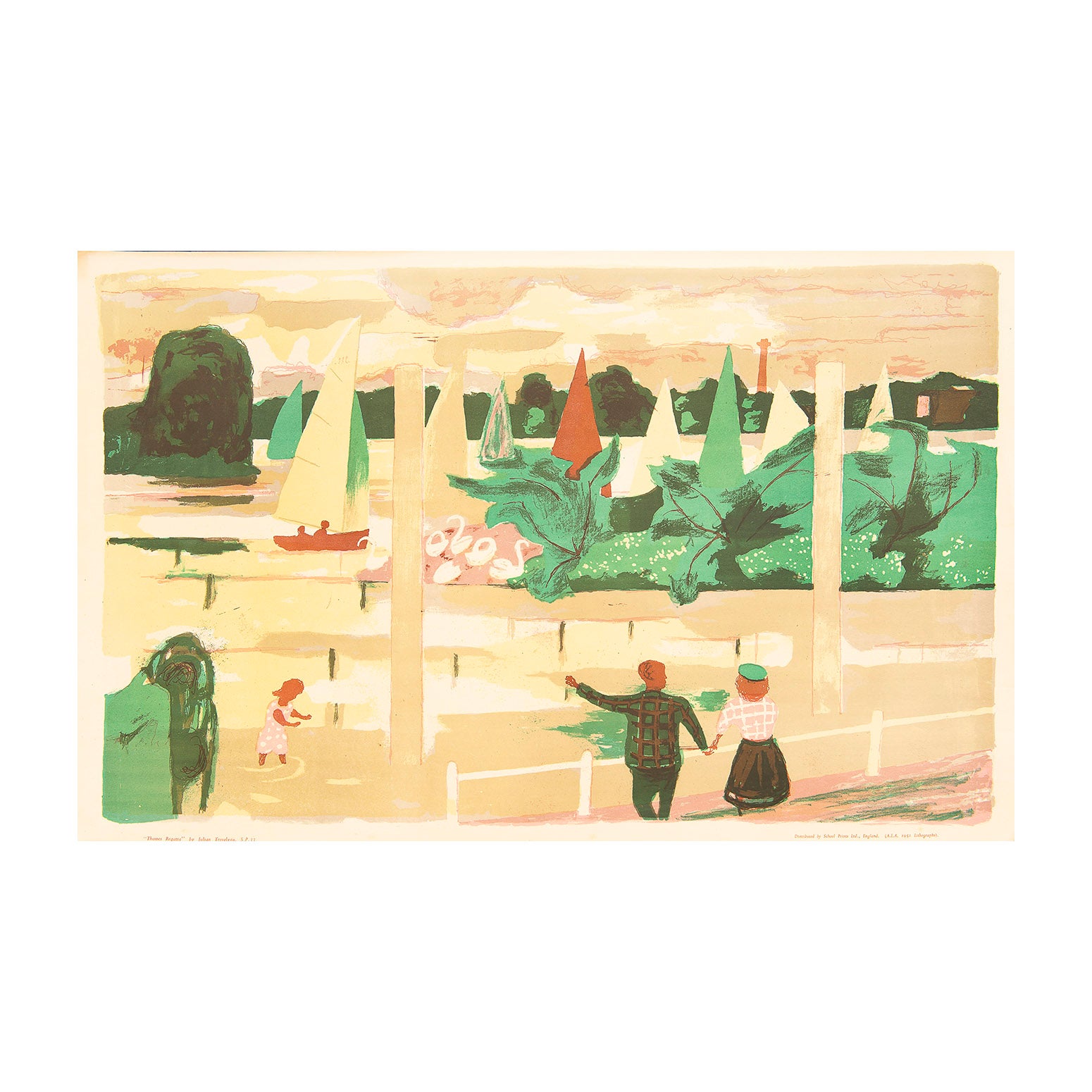 lithographic print, Thames Regatta, by Julian Trevelyan RA (1910–1988). Published by Artists' International Association (AIA), and distributed by School Prints Ltd, 1951. From a series released to coincide with the Festival of Britain. An outstanding print made at the famous Baynard Press, depicting a couple and child watching sailing boats on the river Thames.